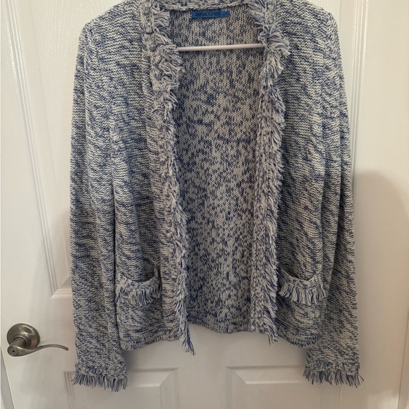 J Mclaughlin Sweaters - J McLaughlin Blue and White Fringed Blazer
